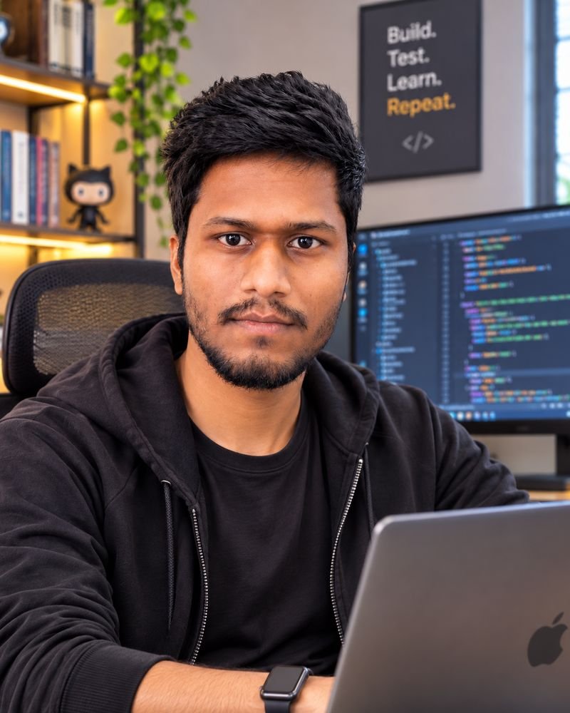Zuber Shaik building an AI workflow at his desk with code on screen