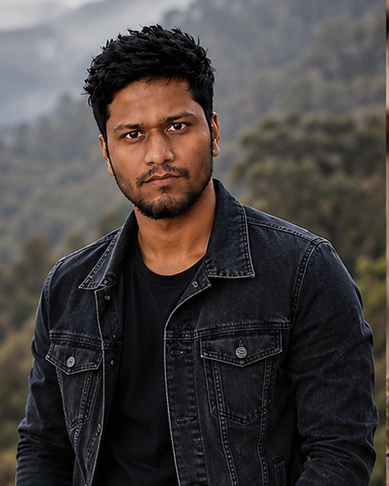 Zuber Shaik outdoors in the hills, in a black denim jacket
